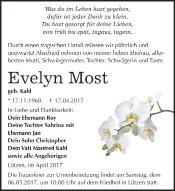 Traueranzeige von Evelyn Most von Mitteldeutsche Zeitung Weißenfels