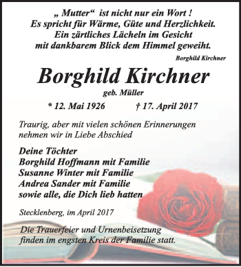 Traueranzeige von Borghild Kirchner von WVG - Wochenspiegel Quedlinburg