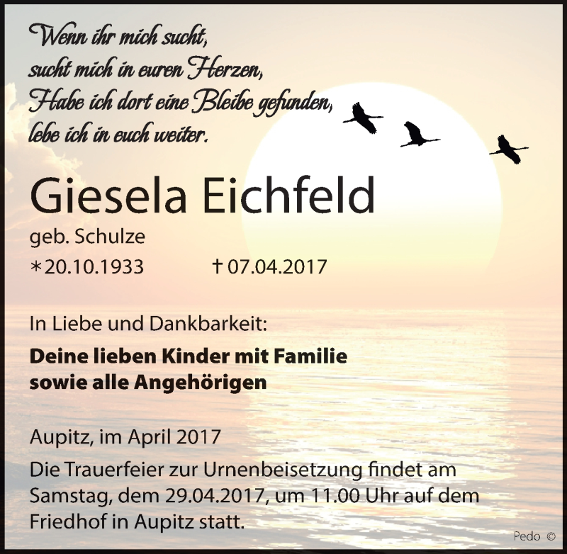  Traueranzeige für Giesela Eichfeld vom 15.04.2017 aus Mitteldeutsche Zeitung Weißenfels