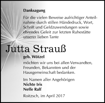 Traueranzeige von Jutta Strauß von Mitteldeutsche Zeitung Bitterfeld
