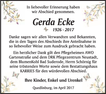 Traueranzeige von Gerda Ecke von WVG - Wochenspiegel Quedlinburg