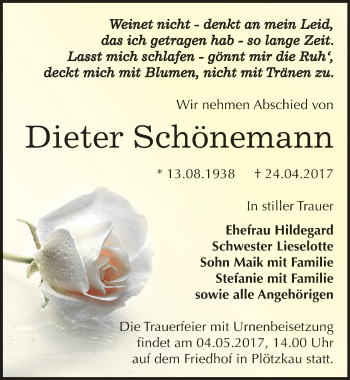 Traueranzeige von Dieter Schönemann von Mitteldeutsche Zeitung Bernburg