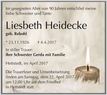 Traueranzeige von Liesbeth Heidecke von Wochenspiegel Mansfelder Land