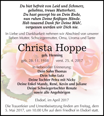 Traueranzeige von Christa Hoppe von WVG - Wochenspiegel Dessau / Köthen