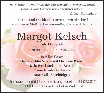 Traueranzeige von Margot Kelsch von WVG - Wochenspiegel Bitterfeld
