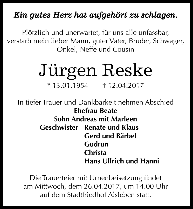  Traueranzeige für Jürgen Reske vom 22.04.2017 aus Mitteldeutsche Zeitung Bernburg