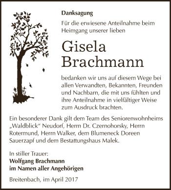 Traueranzeige von Gisela Brachmann von Super Sonntag SGH Mansf. Land