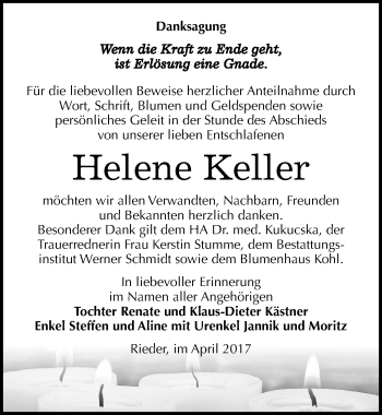 Traueranzeige von Helene Keller von Mitteldeutsche Zeitung Quedlinburg