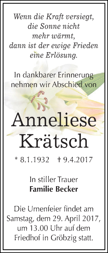 Traueranzeige von Anneliese Krätsch von WVG - Wochenspiegel Dessau / Köthen