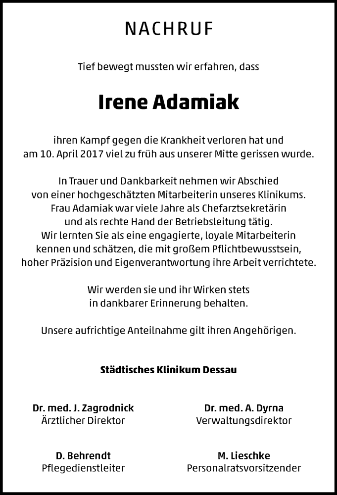  Traueranzeige für Irene Adamiak vom 22.04.2017 aus Mitteldeutsche Zeitung Dessau-Roßlau
