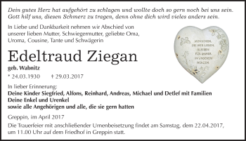 Traueranzeige von Edeltraud Ziegan von Mitteldeutsche Zeitung Bitterfeld