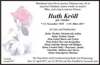 Traueranzeige von Ruth Kröll von Super Sonntag Quedlinburg