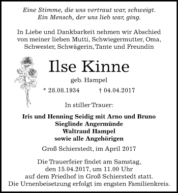 Traueranzeige von Ilse Kinne von Mitteldeutsche Zeitung Aschersleben