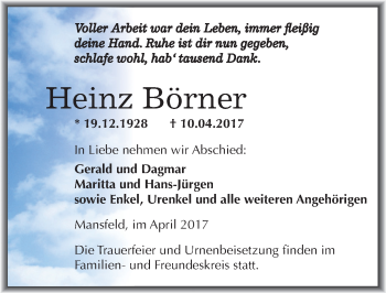 Traueranzeige von Heinz Börner von Mitteldeutsche Zeitung Mansfelder Land