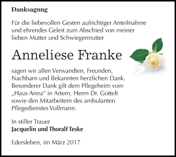 Traueranzeige von Anneliese Franke von Super Sonntag SGH Mansf. Land