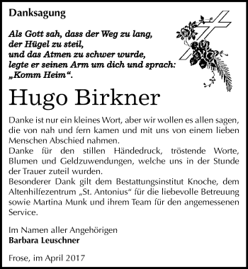 Traueranzeige von Hugo Birkner von Mitteldeutsche Zeitung Aschersleben