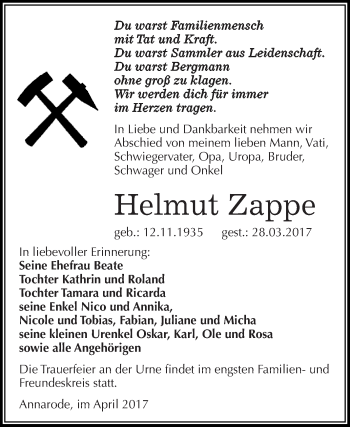 Traueranzeige von Helmut Zappe von Super Sonntag SGH Mansf. Land