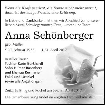 Traueranzeige von Anna Schönberger von Super Sonntag Zeitz