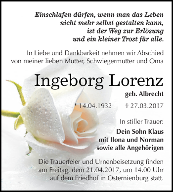 Traueranzeige von Ingeborg Lorenz von WVG - Wochenspiegel Dessau / Köthen