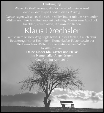 Traueranzeige von Klaus Drechsler von Mitteldeutsche Zeitung Merseburg/Querfurt
