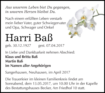 Traueranzeige von Harri Baß von Super Sonntag SGH Mansf. Land