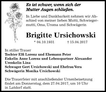 Traueranzeige von Brigitte Ursichowski von Mitteldeutsche Zeitung Bernburg