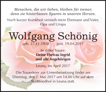 Traueranzeige von Wolfgang Schönig von Mitteldeutsche Zeitung Merseburg/Querfurt