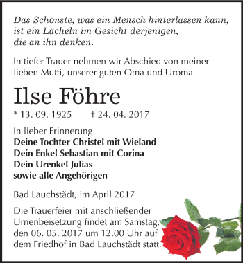 Traueranzeige von Ilse Föhre von Mitteldeutsche Zeitung Merseburg/Querfurt