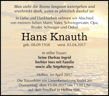 Traueranzeige von Hans Knauth von Super Sonntag SGH Mansf. Land