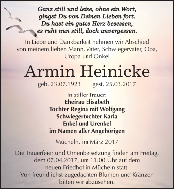 Traueranzeige von Armin Heinicke von Mitteldeutsche Zeitung Merseburg/Querfurt