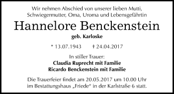 Traueranzeige von Hannelore Benckenstein von Mitteldeutsche Zeitung Dessau-Roßlau
