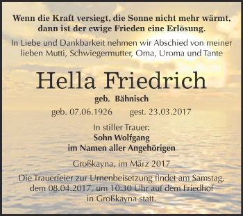Traueranzeige von Hella Friedrich von Super Sonntag Halle