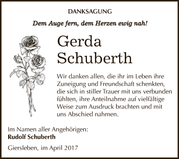 Traueranzeige von Gerda Schuberth von Super Sonntag Aschersleben