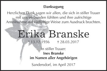 Traueranzeige von Erika Branske von WVG - Wochenspiegel Bitterfeld