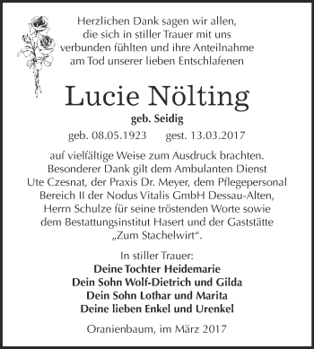 Traueranzeige von Lucie Nölting von Super Sonntag Wittenberg
