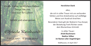Traueranzeige von Elfriede Reinhardt von Mitteldeutsche Zeitung Sangerhausen