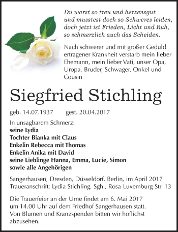 Traueranzeige von Siegfried Stichling von Mitteldeutsche Zeitung Sangerhausen
