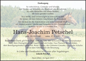 Traueranzeige von Hans-Joachim Petschel von Mitteldeutsche Zeitung Köthen