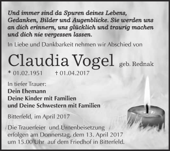 Traueranzeige von Claudia Vogel von WVG - Wochenspiegel Bitterfeld