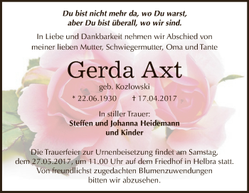 Traueranzeige von Gerda Axt von Super Sonntag SGH Mansf. Land