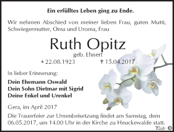 Traueranzeige von Ruth Opitz von Mitteldeutsche Zeitung Zeitz