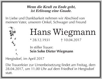 Traueranzeige von Hans Wiegmann von Wochenspiegel Mansfelder Land
