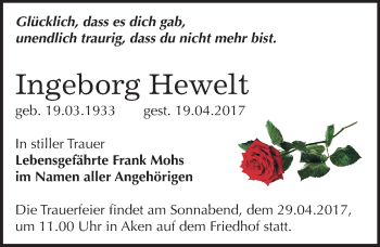 Traueranzeige von Ingeborg Hewelt von Mitteldeutsche Zeitung Dessau-Roßlau