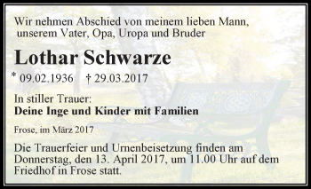 Traueranzeige von Lothar Schwarze von Super Sonntag SGH Mansf. Land