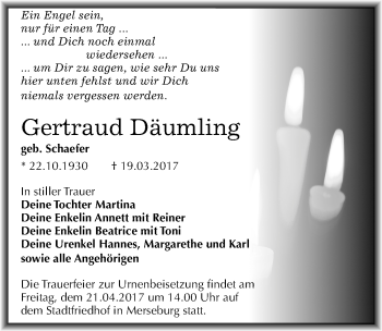 Traueranzeige von Gertraud Däumling von Mitteldeutsche Zeitung Merseburg/Querfurt