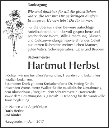 Traueranzeige von Hartmut Herbst von Super Sonntag Quedlinburg