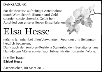 Traueranzeige von Elsa Hesse von Mitteldeutsche Zeitung Aschersleben