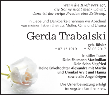 Traueranzeige von Gerda Trabalski von Mitteldeutsche Zeitung Bitterfeld