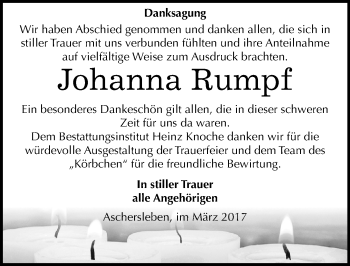 Traueranzeige von Johanna Rumpf von Mitteldeutsche Zeitung Aschersleben