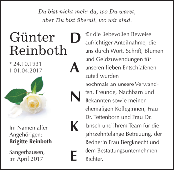 Traueranzeige von Günter Reinboth von Mitteldeutsche Zeitung Sangerhausen